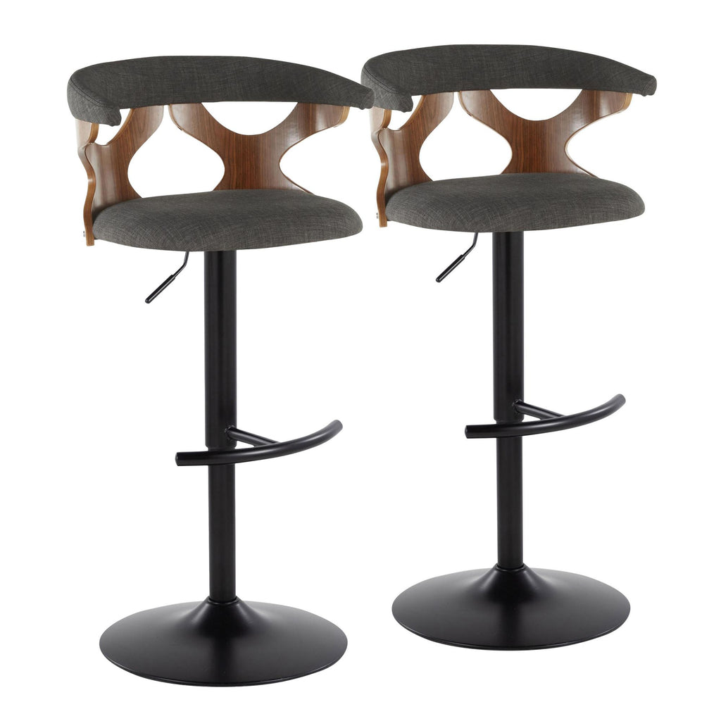 Contemporary Adjustable Barstool with Swivel in Black Metal, Walnut Wood and Charcoal Fabric with Rounded T Footrest - Set of 2
