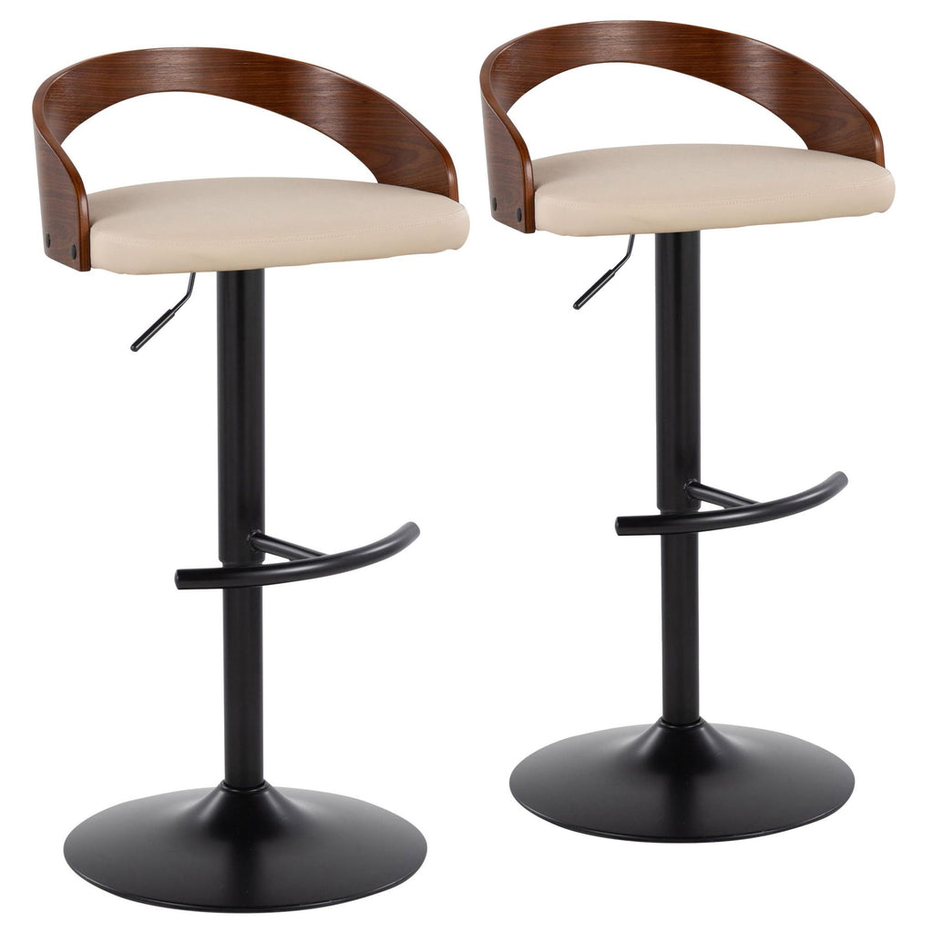 Contemporary Adjustable Barstool with Swivel in Black Metal, Walnut Wood and Cream Faux Leather with Rounded T Footrest - Set of 2