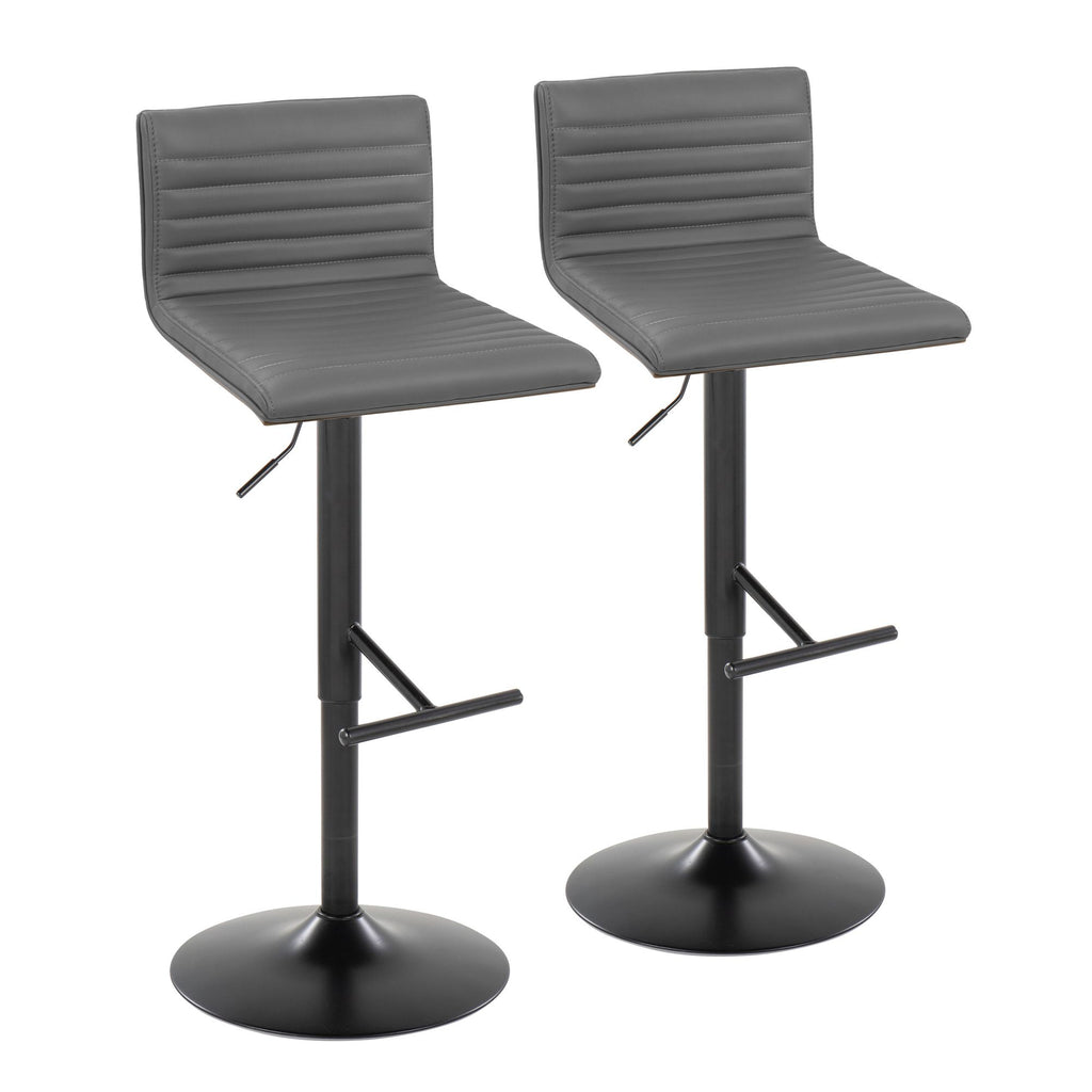 Contemporary Adjustable Barstool with Swivel in Black Metal, Walnut Wood and Grey Faux Leather with Straight T Footrest - Set of 2