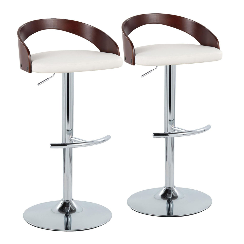 Contemporary Adjustable Barstool with Swivel in Chrome Metal, Cherry Wood and White Faux Leather with Rounded T Footrest - Set of 2
