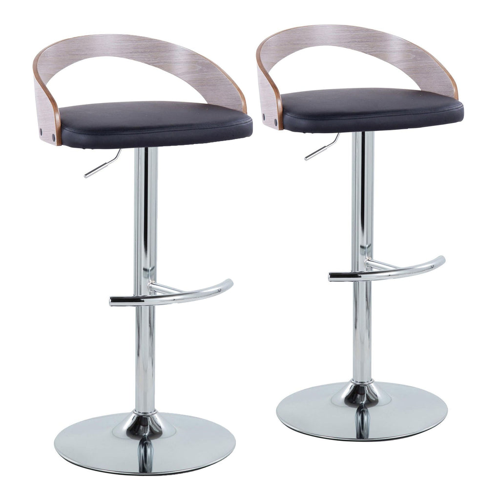 Contemporary Adjustable Barstool with Swivel in Chrome Metal, Light Grey Wood and Black Faux Leather with Rounded T Footrest - Set of 2