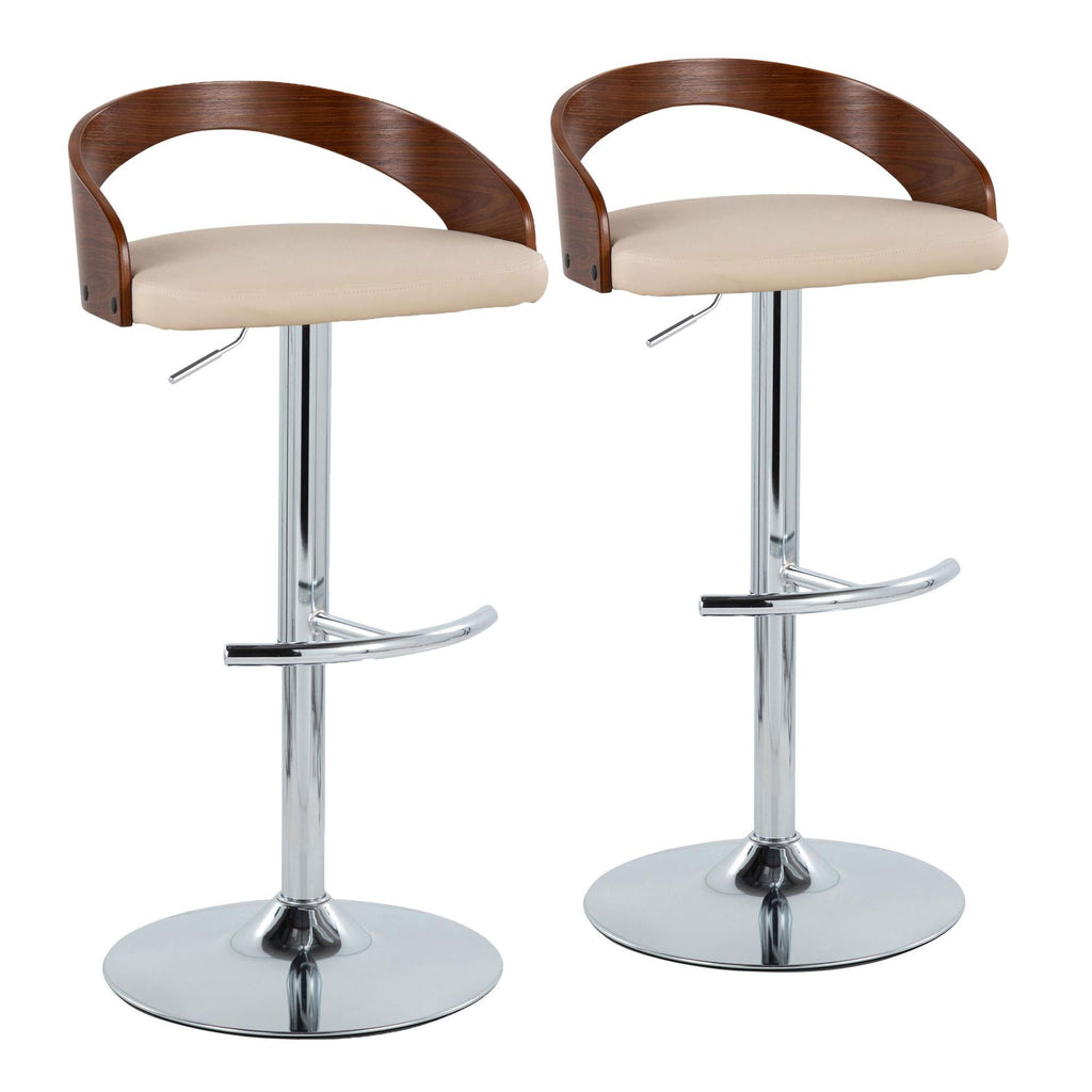 Contemporary Adjustable Barstool with Swivel in Chrome Metal, Walnut Wood and Cream Faux Leather with Rounded T Footrest - Set of 2