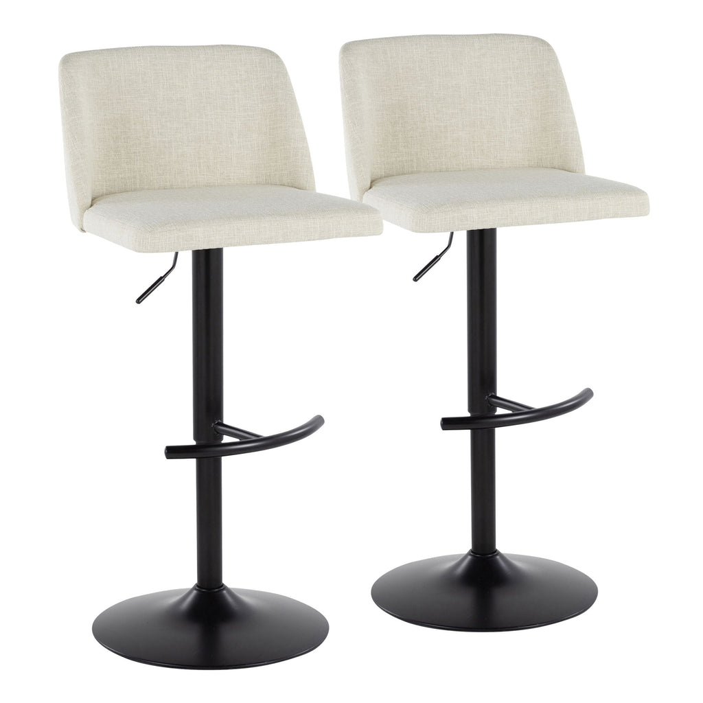 Contemporary Adjustable Barstool with Swivel in Cream Fabric and Black Metal with Rounded T Footrest - Set of 2