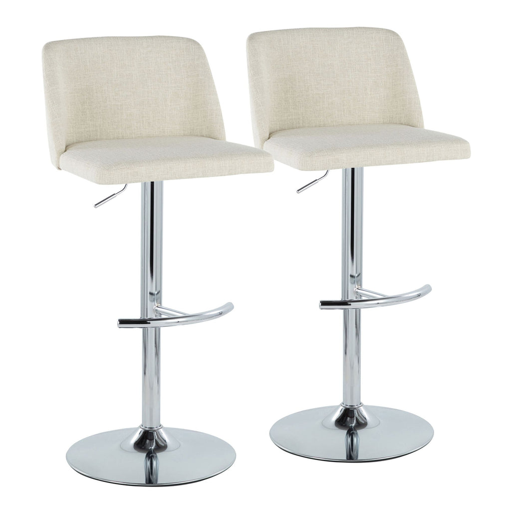Contemporary Adjustable Barstool with Swivel in Cream Fabric and Chrome Metal with Rounded T Footrest - Set of 2
