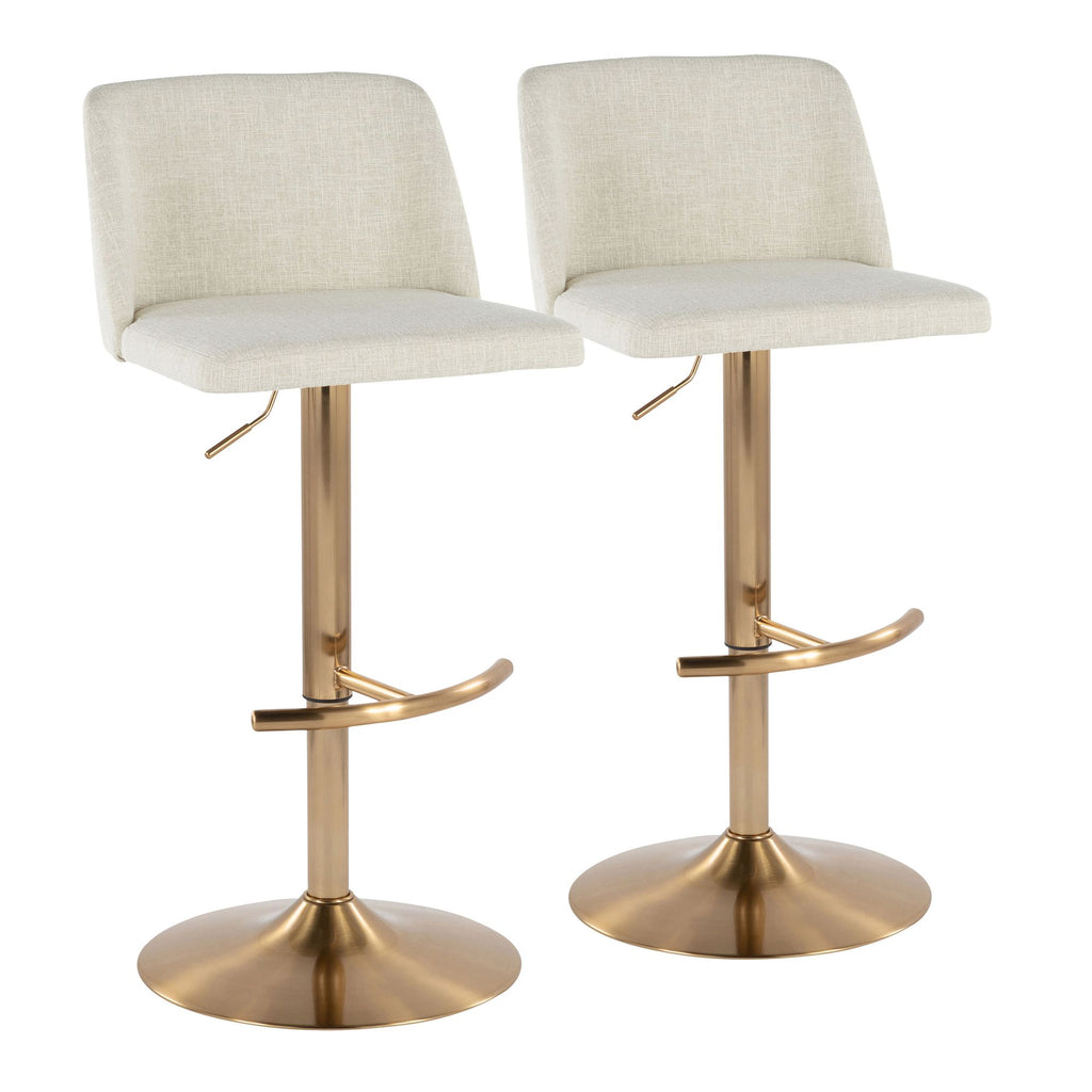 Contemporary Adjustable Barstool with Swivel in Cream Fabric and Gold Metal with Rounded T Footrest - Set of 2