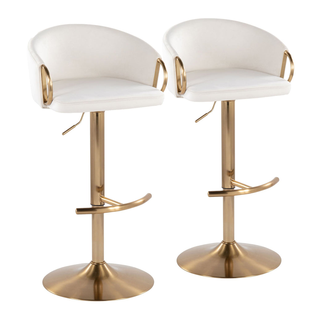 Contemporary Adjustable Barstool with Swivel in Gold Metal and Cream Velvet with Rounded T Footrest - Set of 2