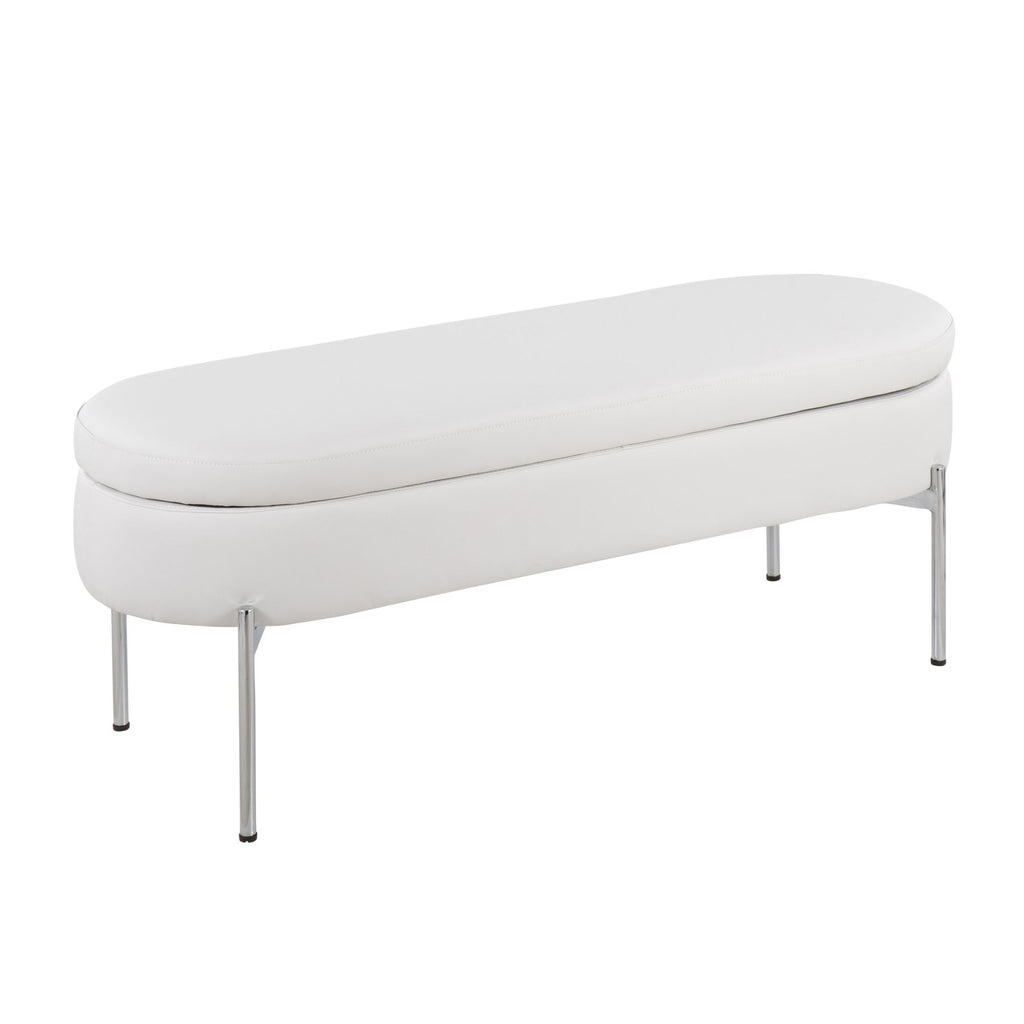 Contemporary Bench in Chrome Metal and White Faux Leather
