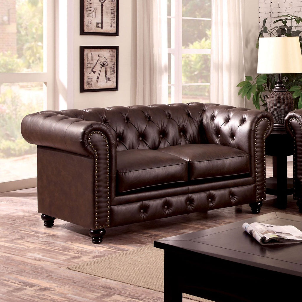 Contemporary Brown Color 1pc Loveseat Button Tufted Couch Rolled Arms Nailhead Trim Leatherette