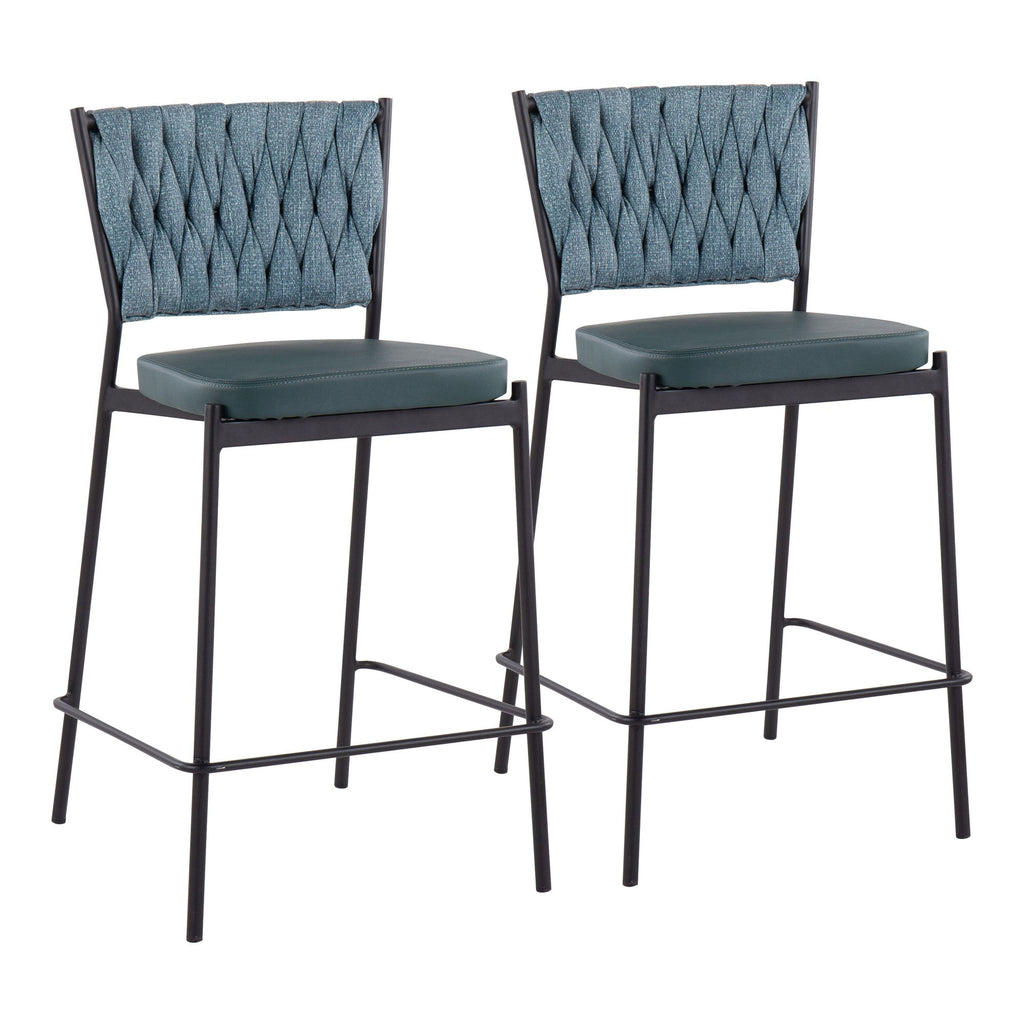 Contemporary Counter Stool in Black Metal, Green Faux Leather, and Sea Green Fabric - Set of 2