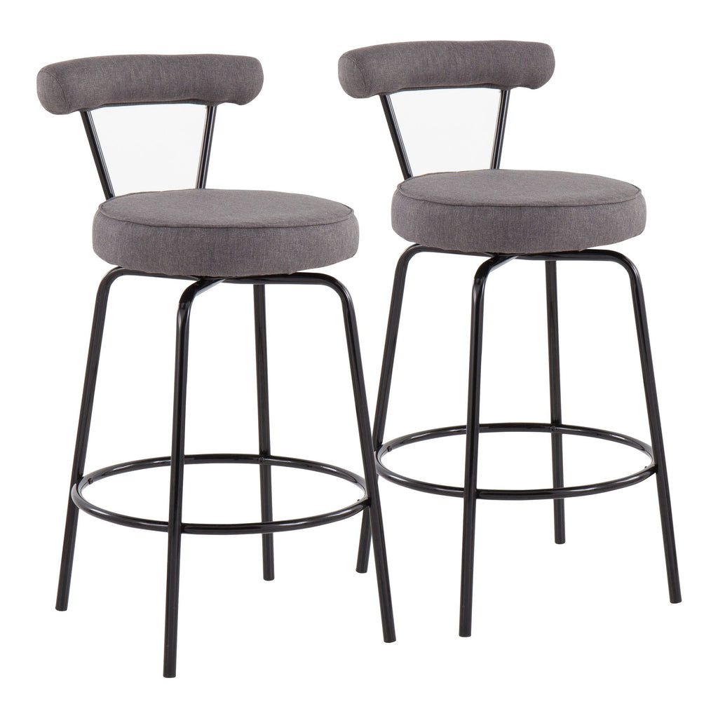 Contemporary Counter Stool in Black Steel and Charcoal Fabric - Set of 2