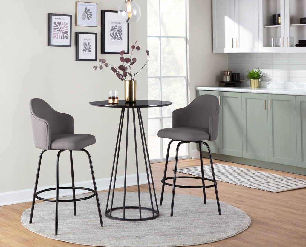 Contemporary Fixed-Height Counter Stool in Black Metal and Grey Fabric - Set of 2