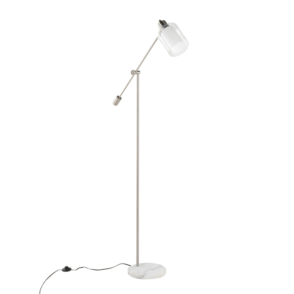 Contemporary Floor Lamp in White Marble and Nickel Metal with Clear and Frosted Glass Shade