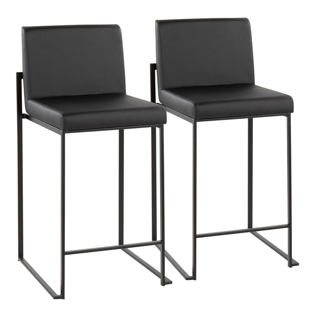 Contemporary High Back Counter Stool in Black Steel and Black Faux Leather - Set of 2