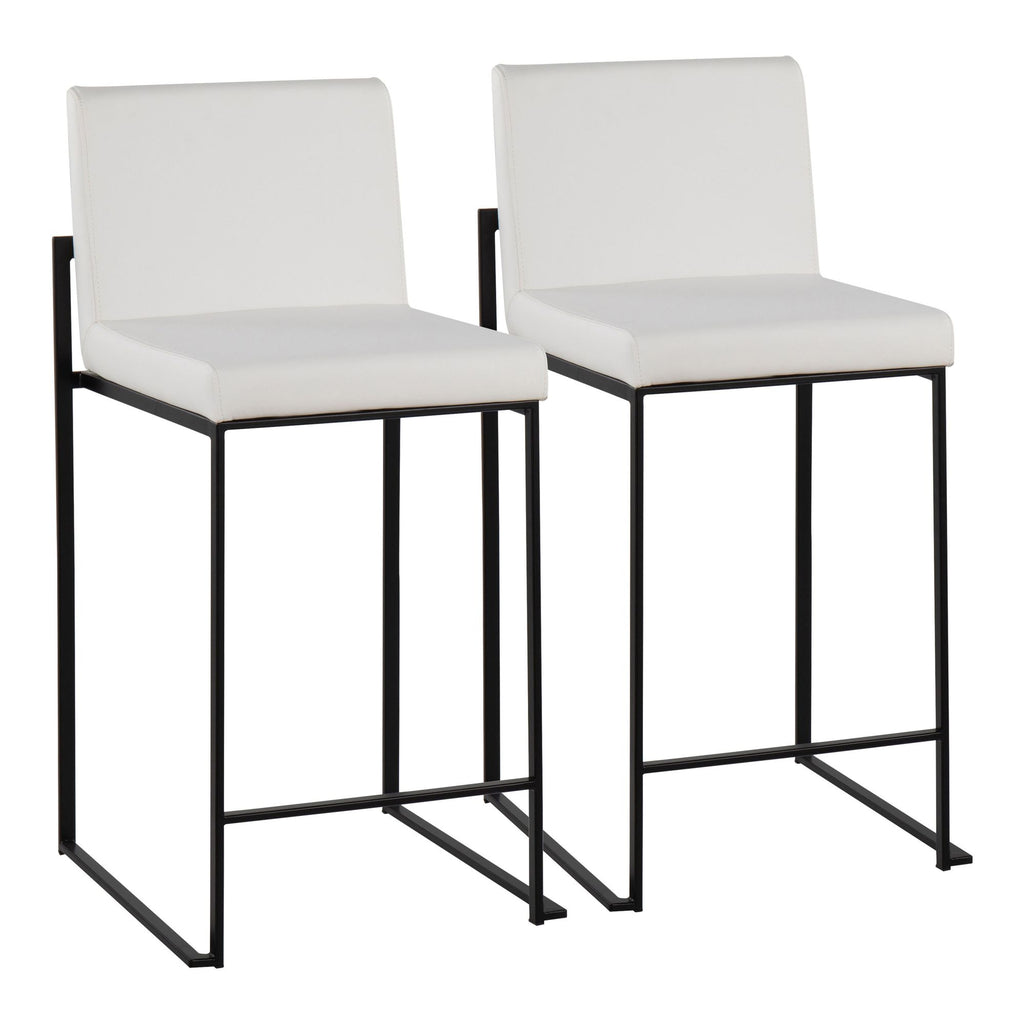 Contemporary High Back Counter Stool in Black Steel and White Faux Leather - Set of 2