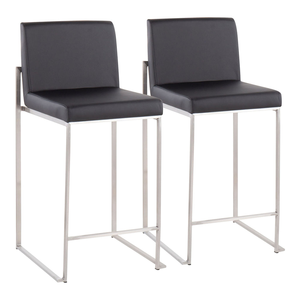 Contemporary High Back Counter Stool in Stainless Steel and Black Faux Leather - Set of 2