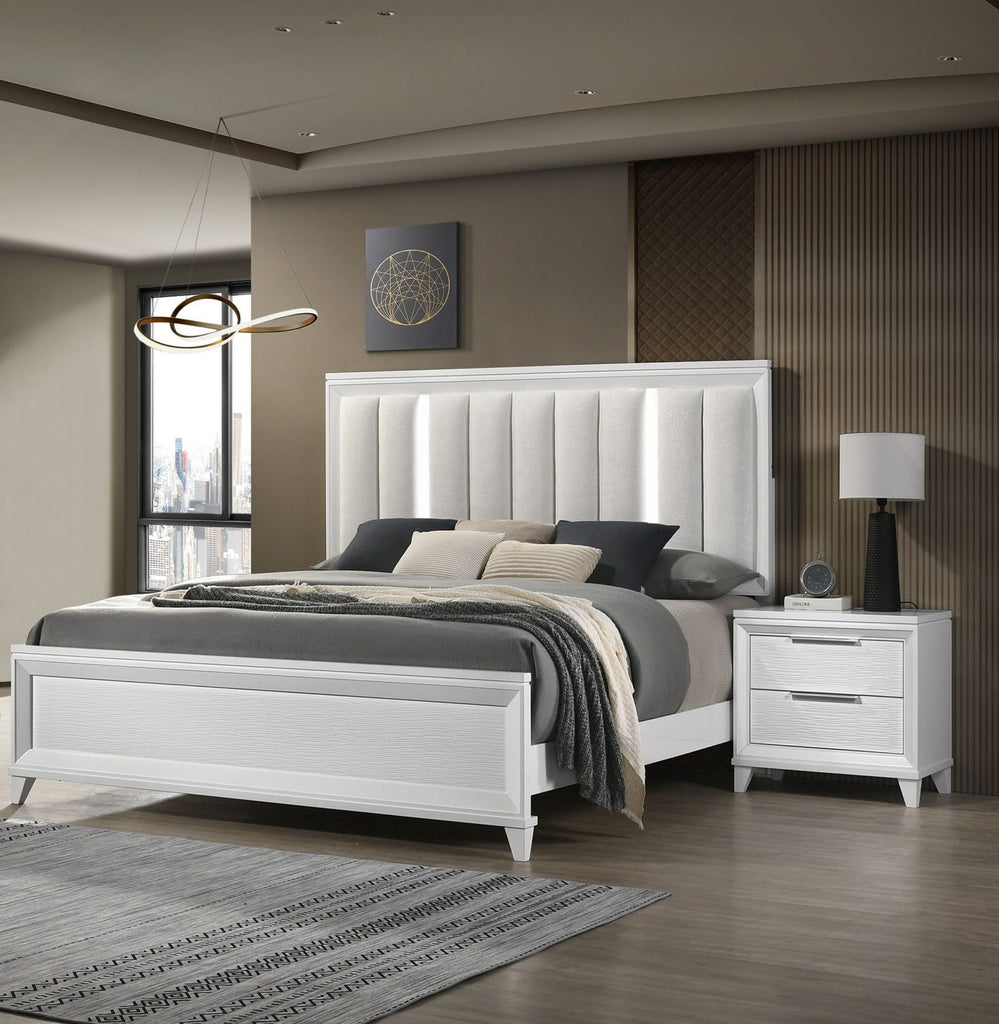 Contemporary Queen Size Bed 2xNightstand 3pc Set Panel Bed Upholstered Cushion LED Lights Headboard White Finish Wooden Solid Wood Furniture
