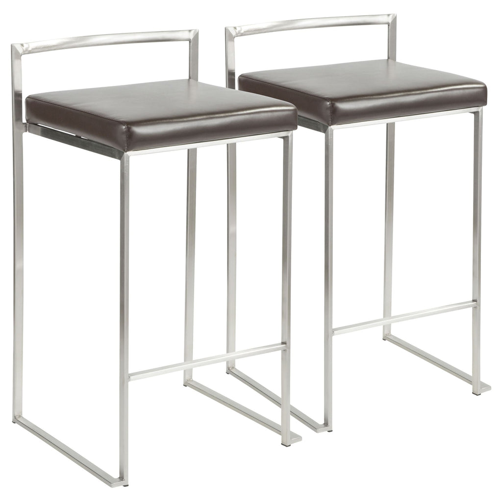 Contemporary Stackable Counter Stool in Brown Faux Leather - Set of 2