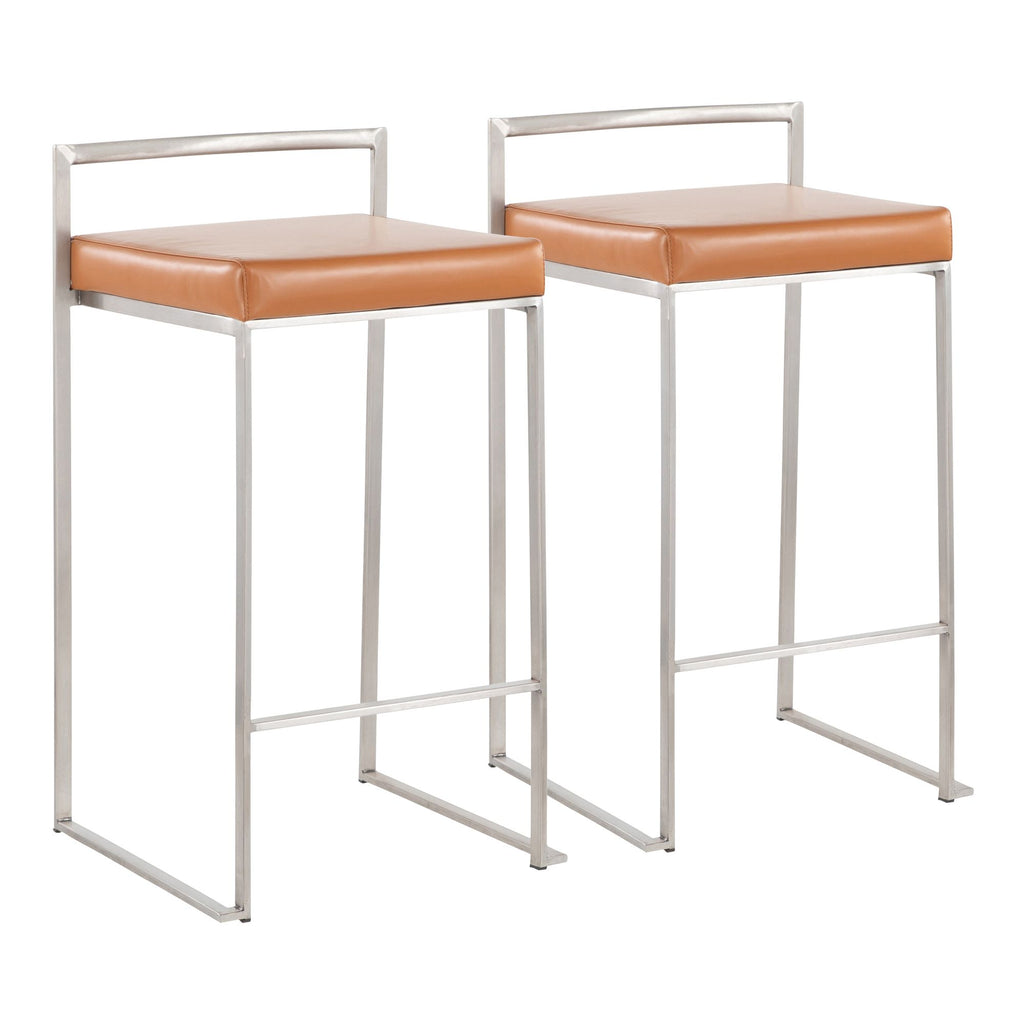 Contemporary Stackable Counter Stool in Stainless Steel with Camel Faux Leather Cushion - Set of 2
