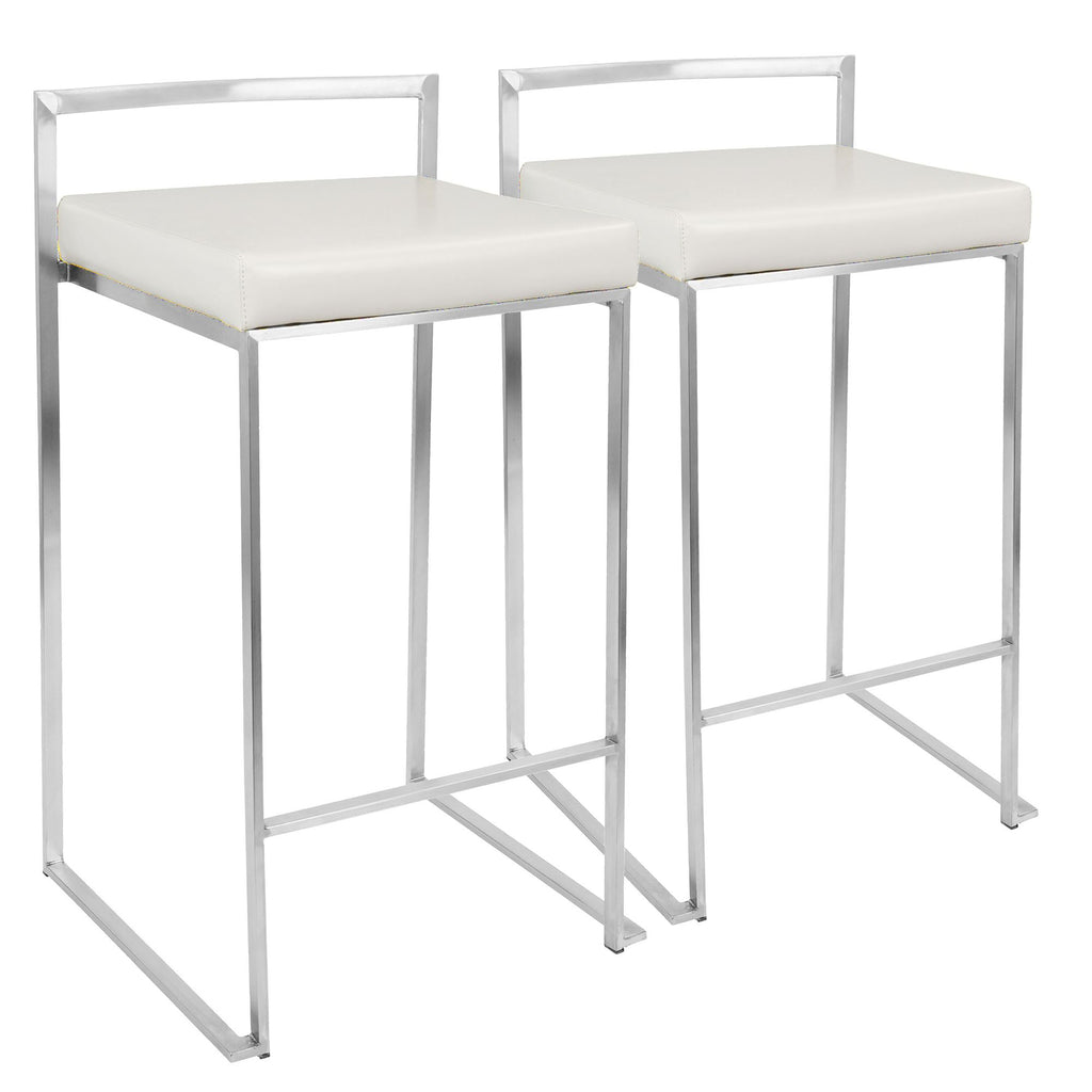 Contemporary Stackable Counter Stool in White Faux Leather - Set of 2
