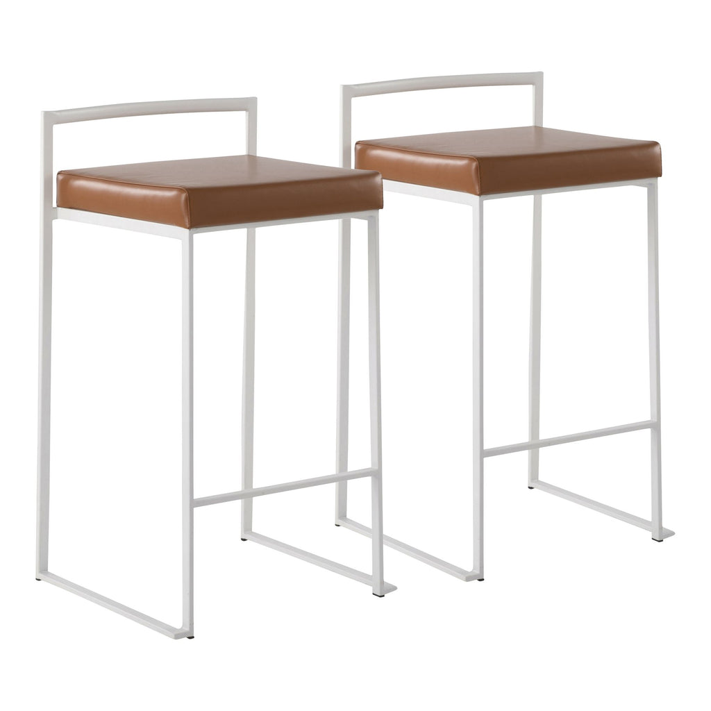 Contemporary Stackable Counter Stool in White with Camel Faux Leather Cushion - Set of 2