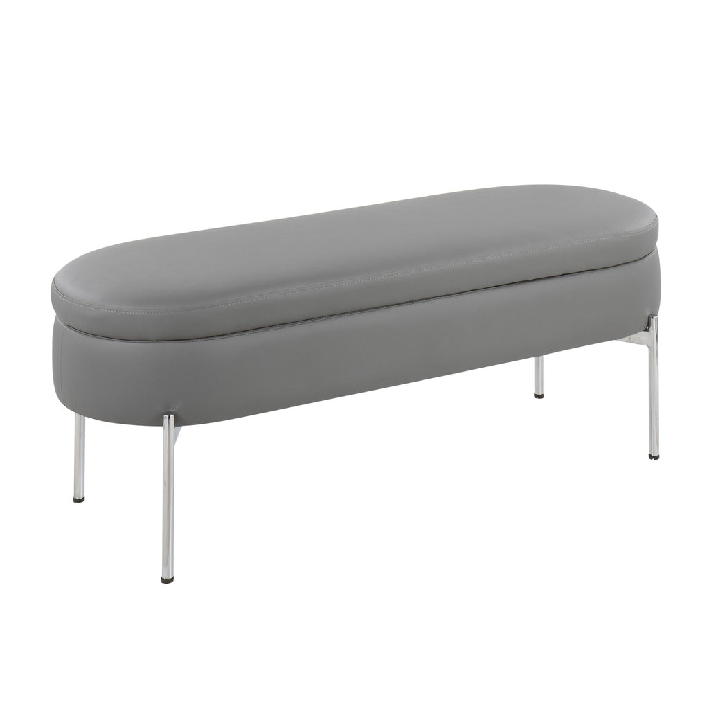 Contemporary Storage Bench in Chrome Metal and Grey Faux Leather