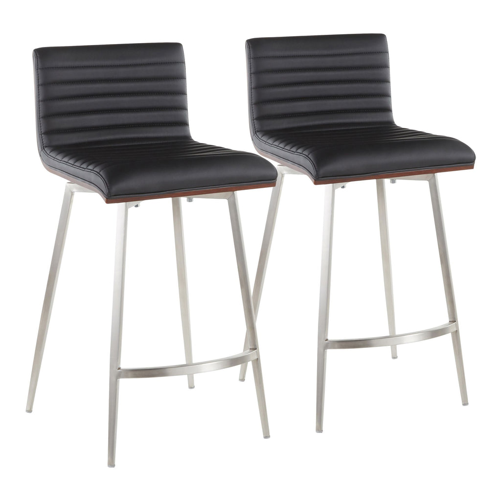 Contemporary Swivel Counter Stool in Stainless Steel, Walnut Wood, and Black Faux Leather - Set of 2