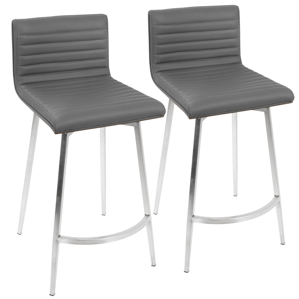 Contemporary Swivel Counter Stool in Stainless Steel, Walnut Wood, and Grey Faux Leather - Set of 2