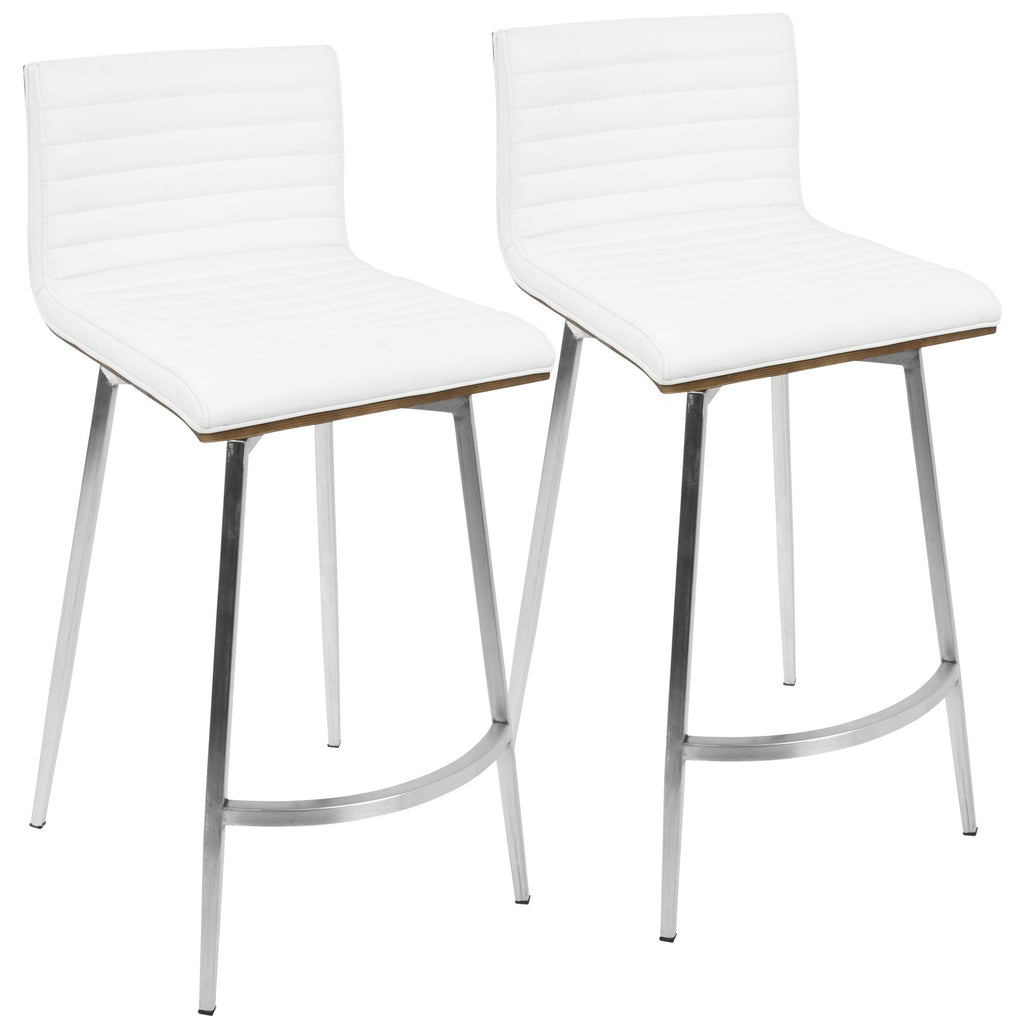 Contemporary Swivel Counter Stool in Stainless Steel, Walnut Wood, and White Faux Leather - Set of 2