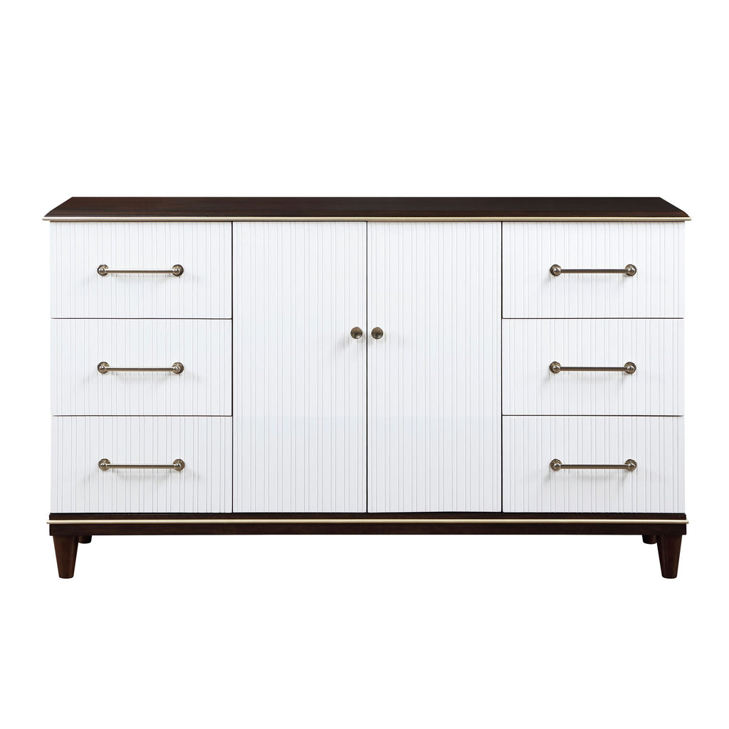 Contemporary White and Cherry Finish 1pc Dresser of 6x Drawers 2x Shelves Modern Bedroom Furniture 2-Tone Finish with Gold Trim