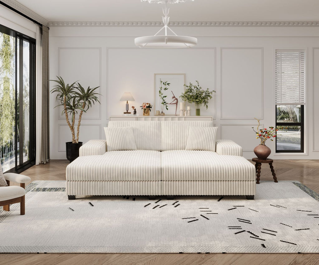 Convertible combination sofa, corduroy fabric, fluffy modern sleeper sofa chair, oversized combination living room double lounge chair,Beige