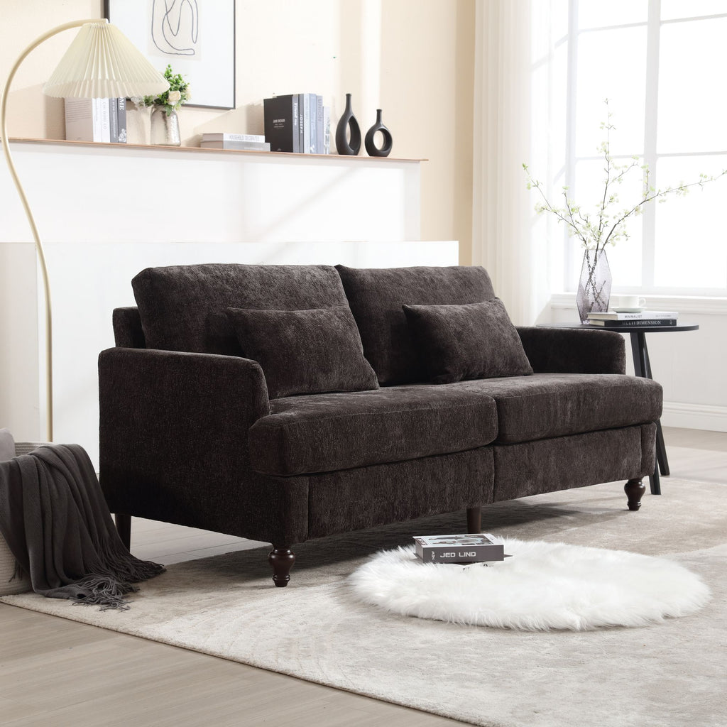 COOLMORE Mid Century Modern chenille Fabric Loveseat sofa, 2-Seat Upholstered Loveseat Sofa Modern Couch for Living Room,Brown wood feet sofa for Bedroom, Reading (Black Chenille)