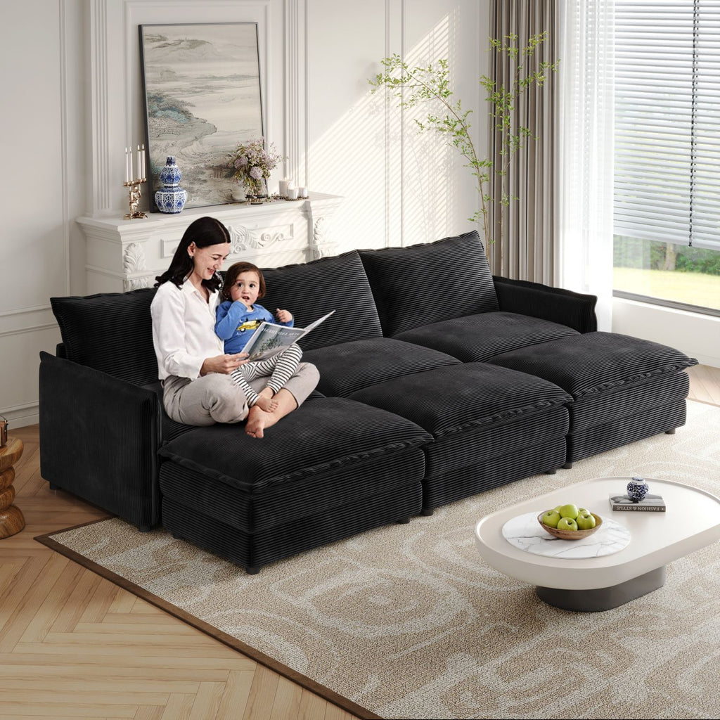 Corduroy fabric 3-seater comfortable cloud sofa with 3 movable footrests for living room, oversized deep-seat recliner, upholstered large-size deep-seat sofa with 3 cushions