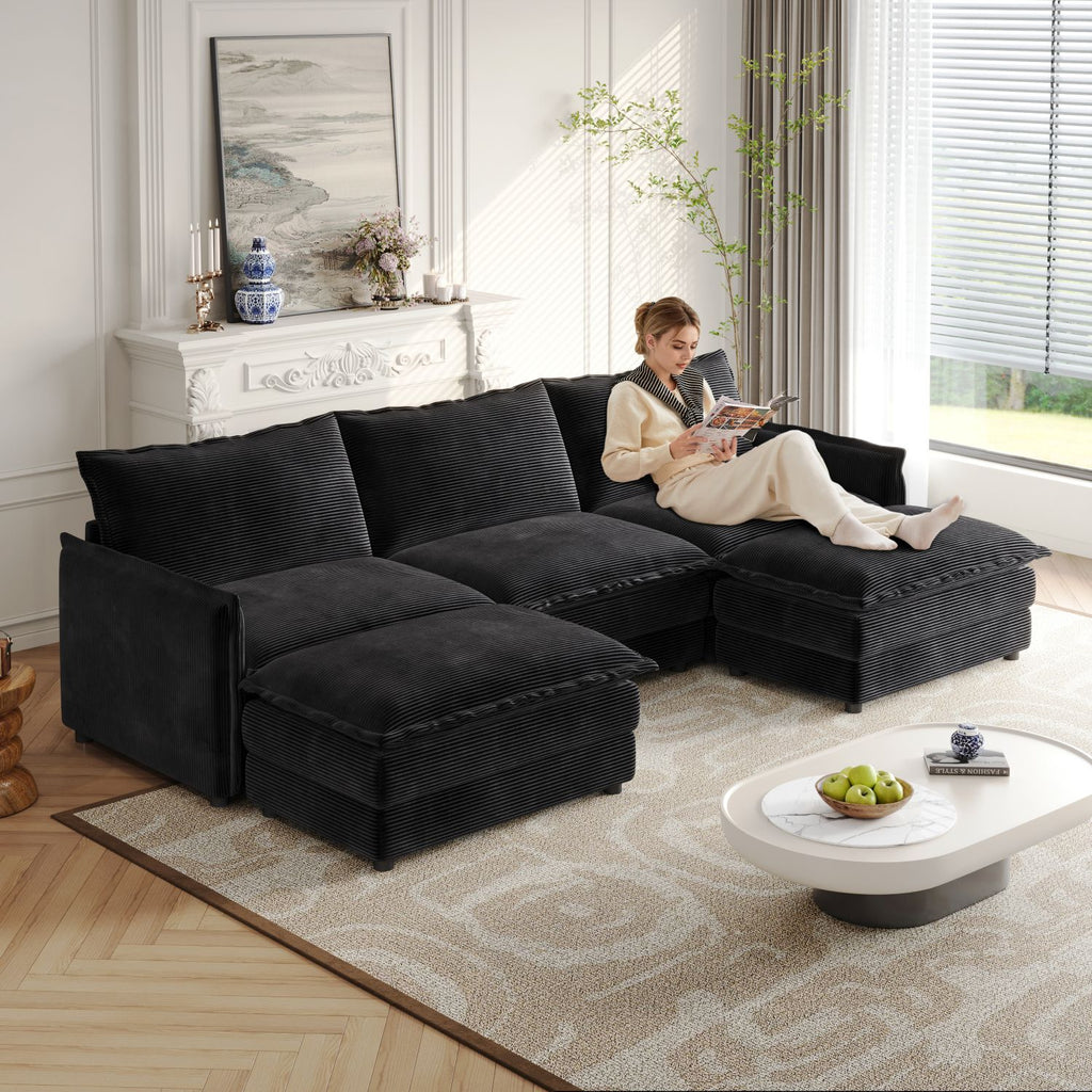 Corduroy Fabric 3-Seater Comfy Cloud Couch with 2 Movable Footrest for Living Room,Oversized Deep Seat U Shaped Couch Set, Upholstered Large Size Deep Seat 2-Seat Sofa with 3 cushions