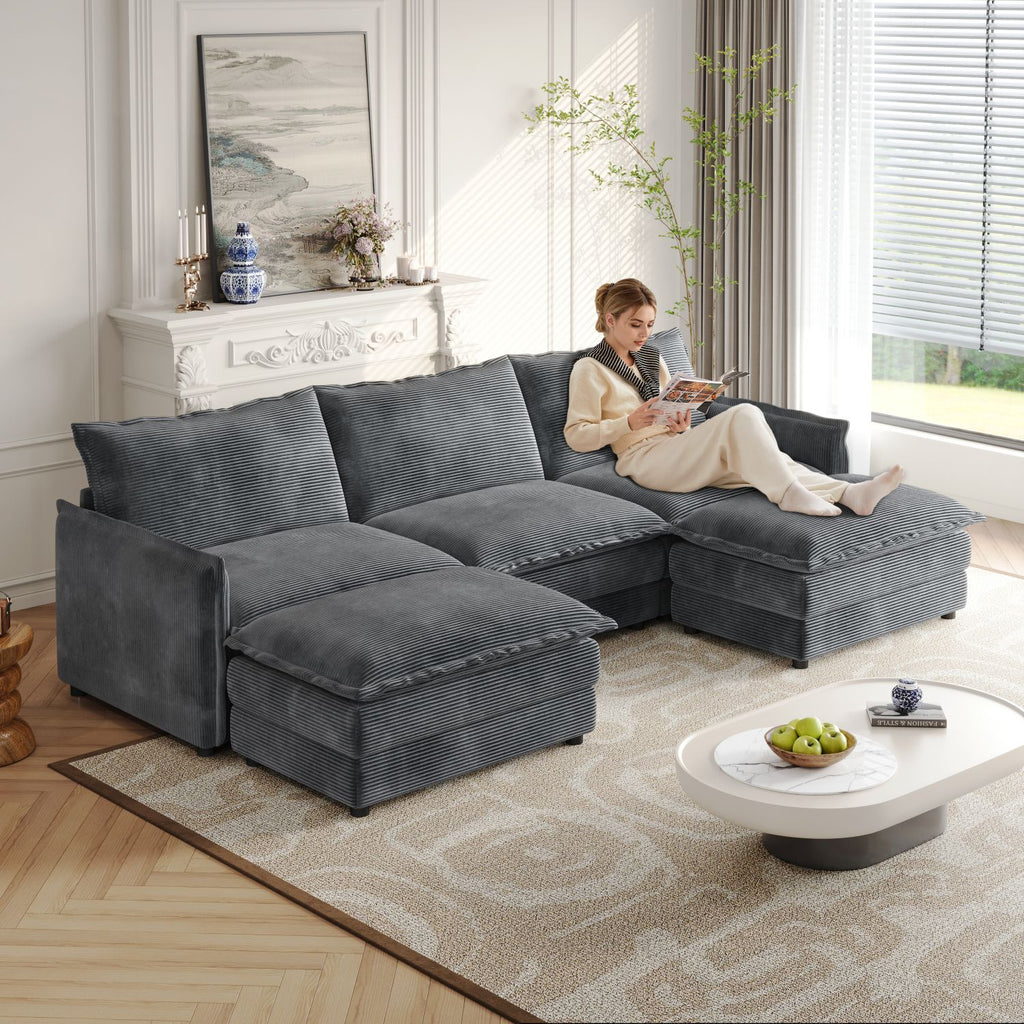 Corduroy Fabric 3-Seater Comfy Cloud Couch with 2 Movable Footrest for Living Room,Oversized Deep Seat U Shaped Couch Set, Upholstered Large Size Deep Seat 2-Seat Sofa with 3 cushions