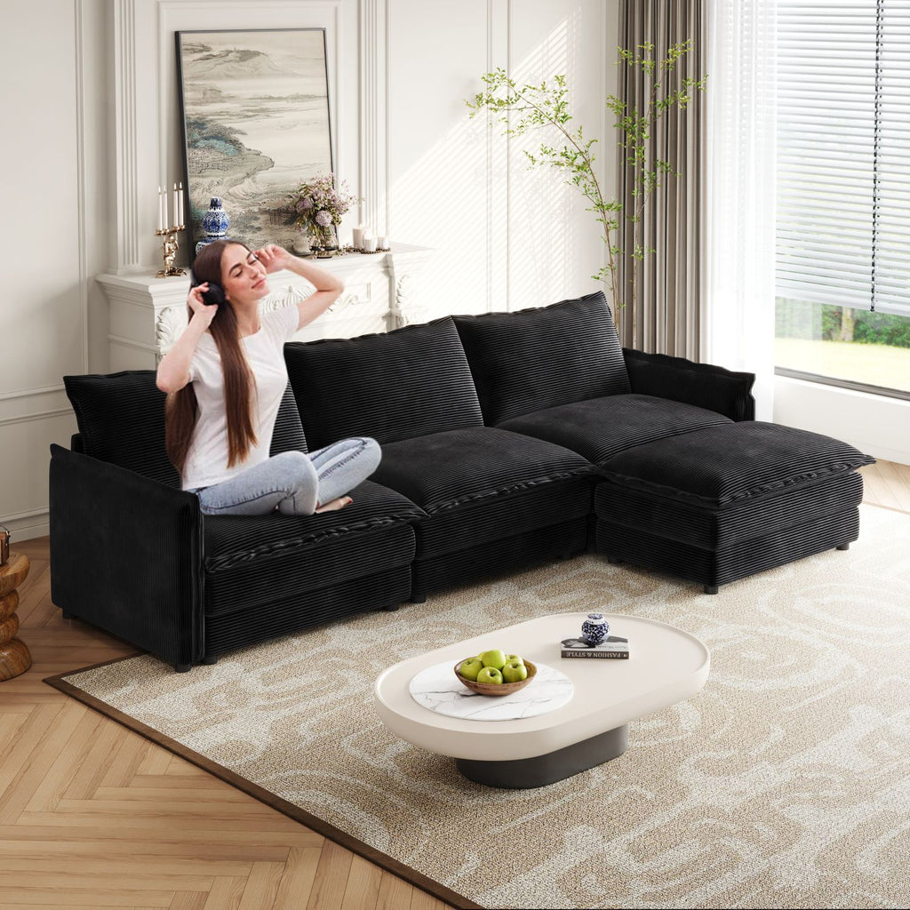 Corduroy Fabric 3-Seater Comfy Cloud Couch with Movable Footrest for Living Room,Oversized Deep Seat L Shaped Couch Set, Upholstered Large Size Deep Seat L Shaped sofa with 3 cushions