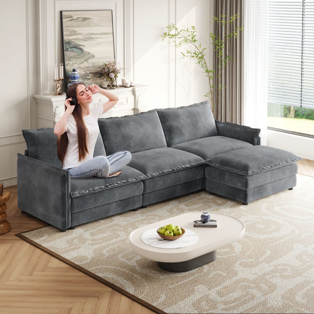 Corduroy Fabric 3-Seater Comfy Cloud Couch with Movable Footrest for Living Room,Oversized Deep Seat L Shaped Couch Set, Upholstered Large Size Deep Seat L Shaped sofa with 3 cushions