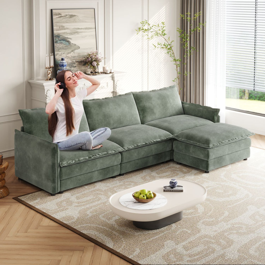 Corduroy Fabric 3-Seater Comfy Cloud Couch with Movable Footrest for Living Room,Oversized Deep Seat L Shaped Couch Set, Upholstered Large Size Deep Seat L Shaped sofa with 3 cushions