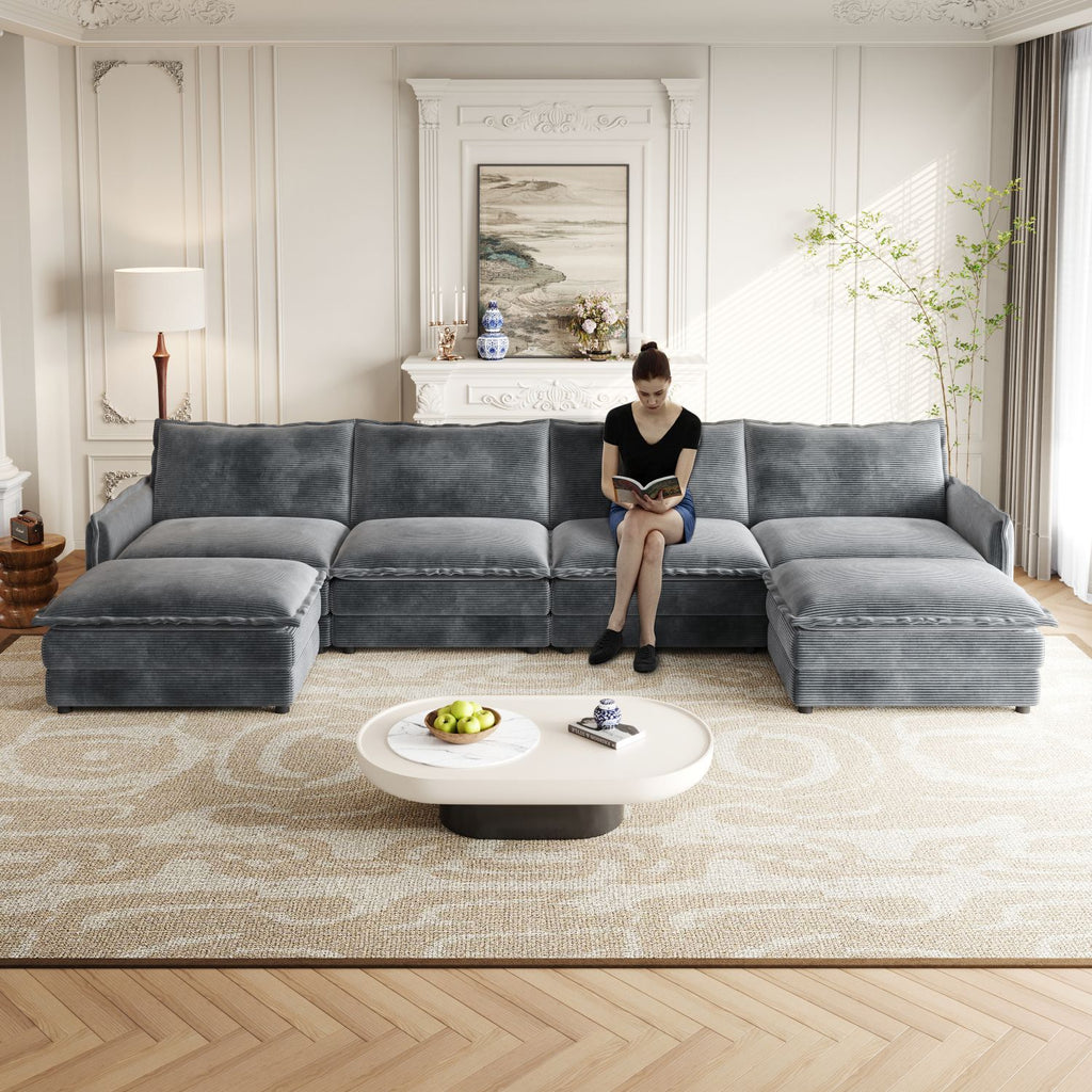Corduroy Fabric 4-Seater Comfy Cloud Couch with 2 Movable Footrest for Living Room,Oversized Deep Seat U-Shaped Couch Set, Upholstered Large Size Deep Seat Sofa with 4 cushions