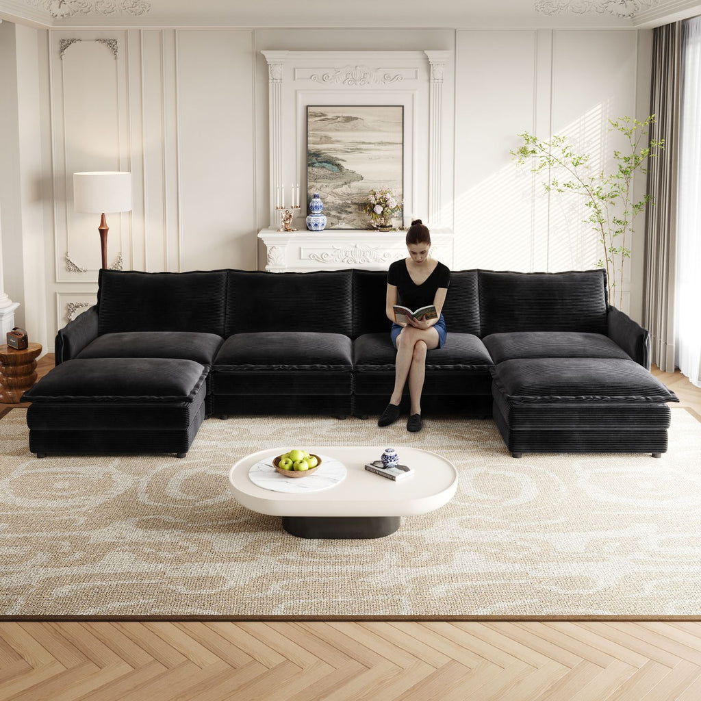 Corduroy Fabric 4-Seater Comfy Cloud Couch with 2 Movable Footrest for Living Room,Oversized Deep Seat U-Shaped Couch Set, Upholstered Large Size Deep Seat Sofa with 4 cushions
