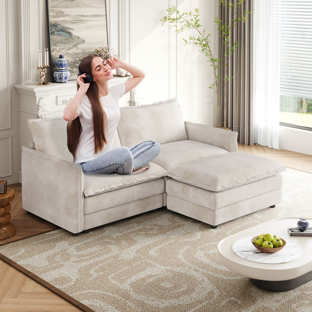 Corduroy Fabric Loveseat Sofa Couch with 1 Footrest for Living Room,2 Seater L-Shaped Sectional with Ottoman, Upholstered Large Size Deep Seat 2-Seat Sofa with 2 cushions