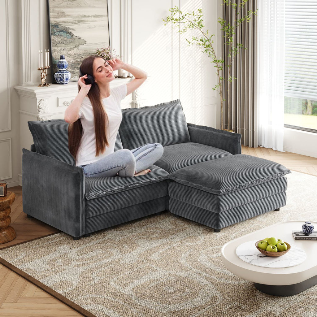 Corduroy Fabric Loveseat Sofa Couch with 1 Footrest for Living Room,2 Seater L-Shaped Sectional with Ottoman, Upholstered Large Size Deep Seat 2-Seat Sofa with 2 cushions