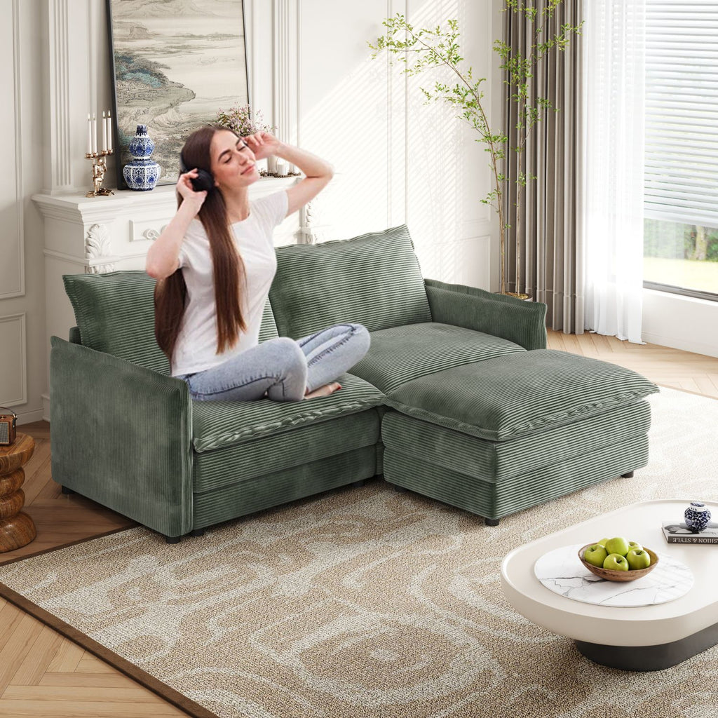 Corduroy Fabric Loveseat Sofa Couch with 1 Footrest for Living Room,2 Seater L-Shaped Sectional with Ottoman, Upholstered Large Size Deep Seat 2-Seat Sofa with 2 cushions
