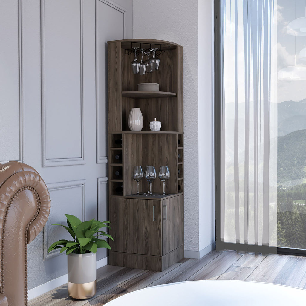 Corner Bar Cabinet, Two External Shelves, Dark Walnut