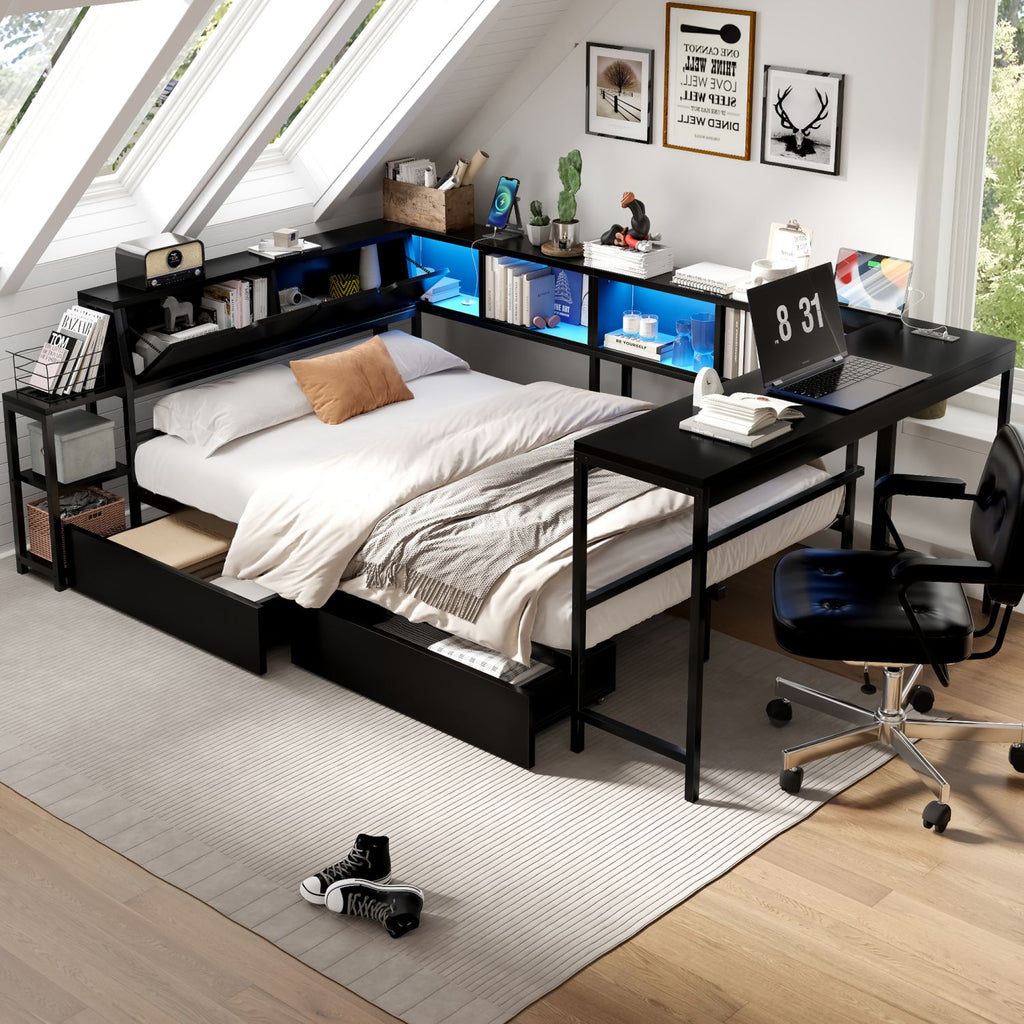 Corner Bed Frame Full Size with Bookcase and 2 Underbed Storage Drawers, Modern Bed with LED Light and Charging Station, Left and right interchangeable, Black