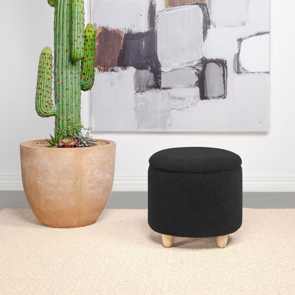 Corvair Black Faux Sheepskin Upholstered Round Storage Ottoman