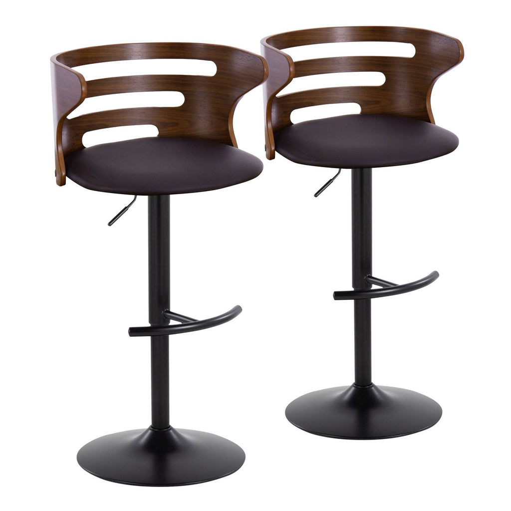 Cosi Mid-Century Modern Adjustable Barstool with Swivel in Black Metal, Walnut Wood and Brown Faux Leather with Rounded T Footrest by - Set of 2