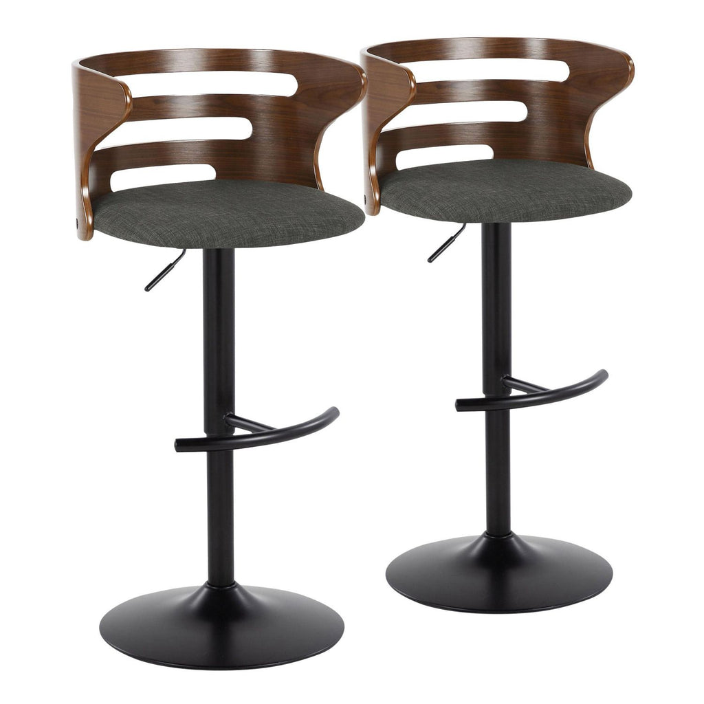 Cosi Mid-Century Modern Adjustable Barstool with Swivel in Black Metal, Walnut Wood and Charcoal Fabric with Rounded T Footrest by - Set of 2