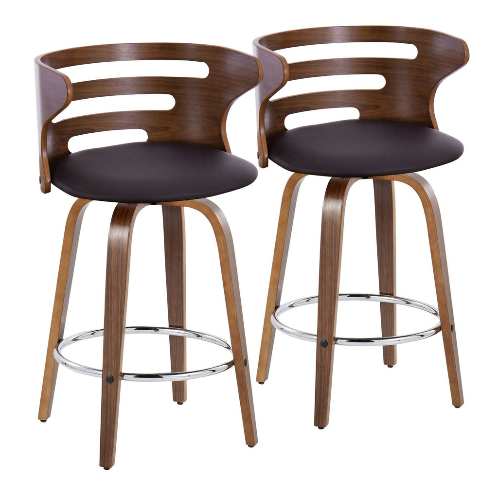 Cosini 26" Mid-Century Modern Fixed-Height Barstool with Swivel in Walnut Wood and Brown Faux Leather with Round Chrome Metal Footrest by - Set of 2