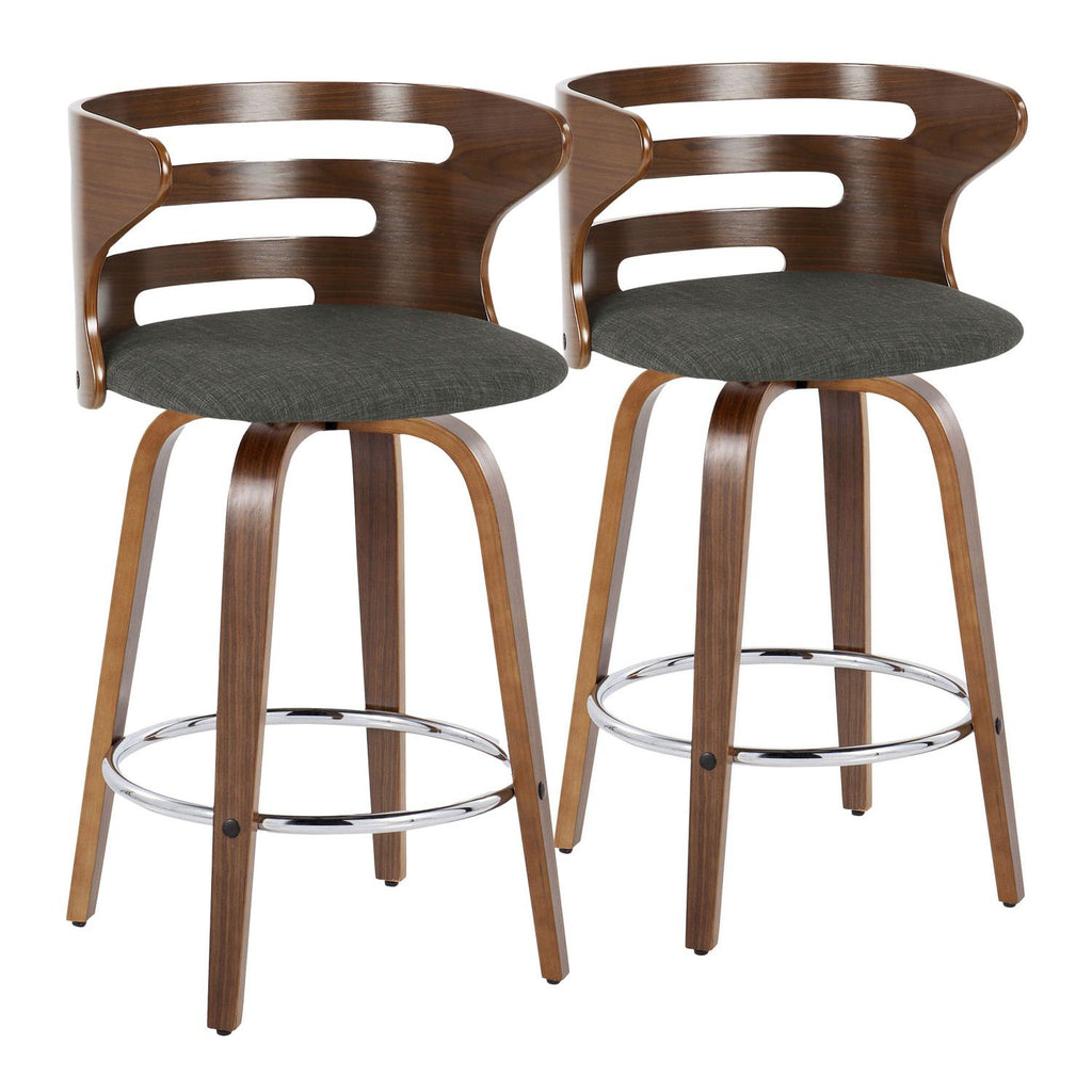 Cosini 26" Mid-Century Modern Fixed-Height Barstool with Swivel in Walnut Wood and Charcoal Fabric with Round Chrome Metal Footrest by - Set of 2