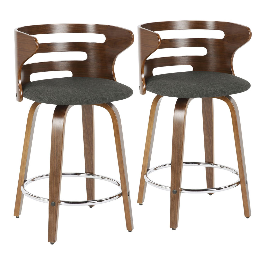 Cosini Mid-Century Modern Counter Stool with Swivel in Walnut and Charcoal Fabric by - Set of 2
